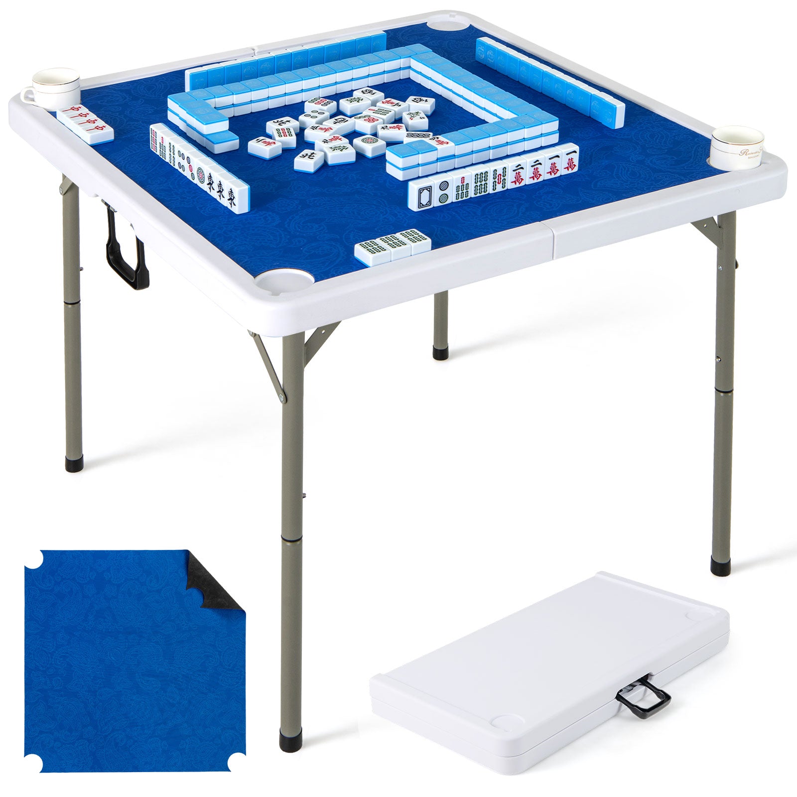 35 Inch 4 Player Folding Mahjong Table, With Cup Holders, Navy Game Room at Gallery Canada