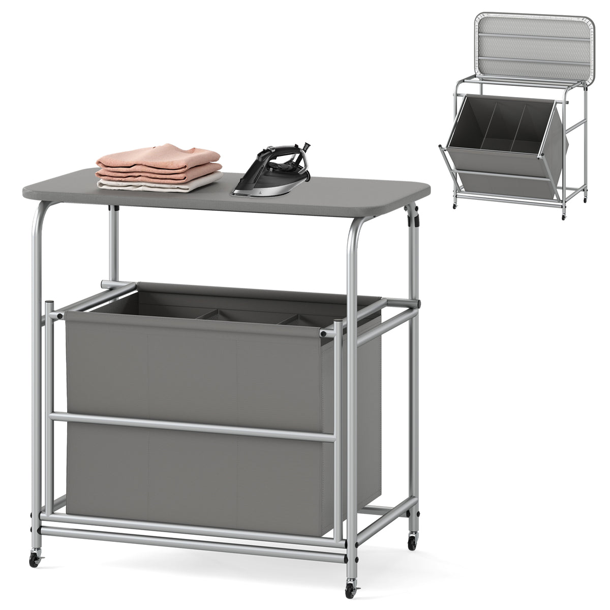 3-Section Laundry Sorter, Foldable Ironing Board, Lockable Wheels, Gray Laundry Baskets at Gallery Canada