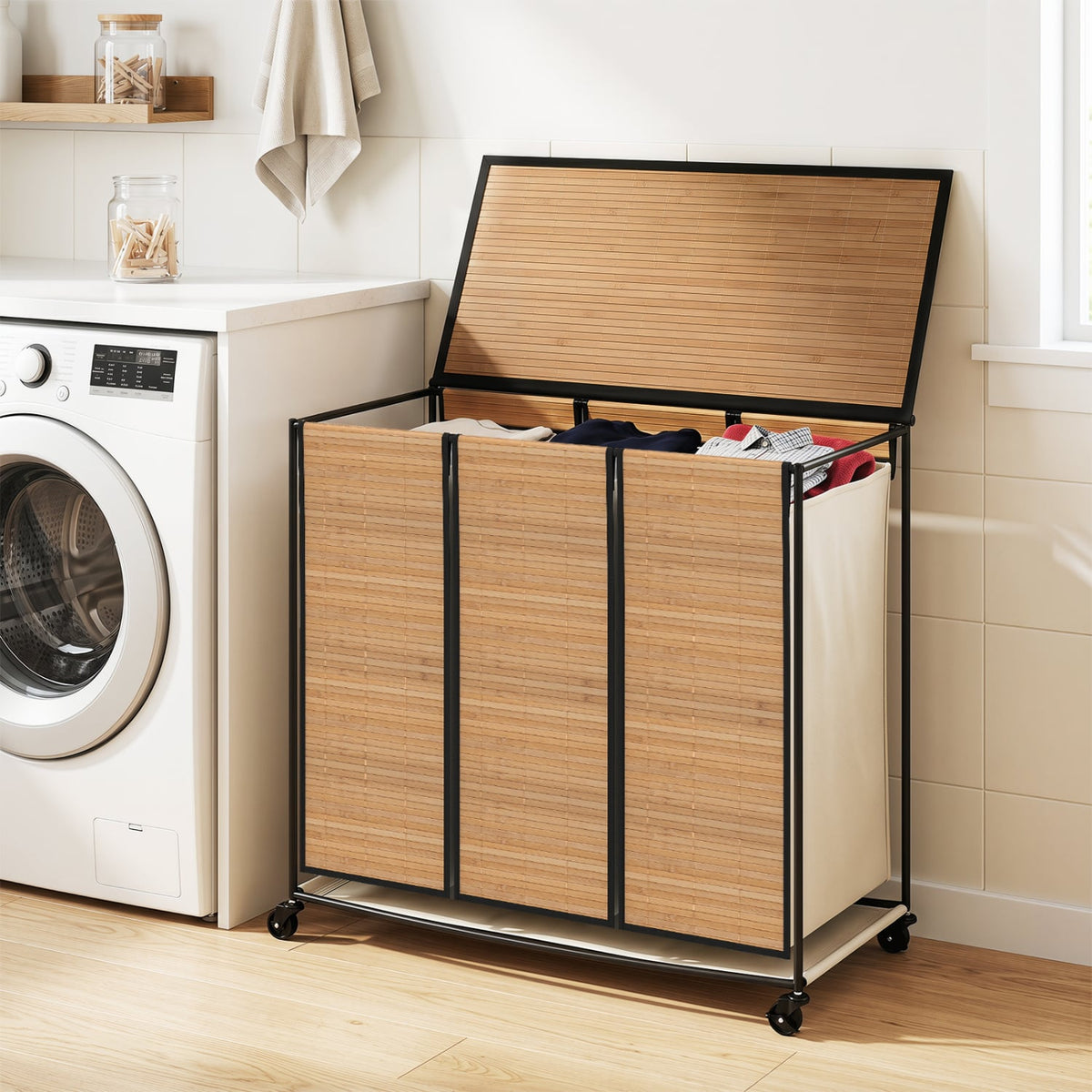 21.4 Gal Laundry Hamper With Lid, 3-Section, Lockable Wheels, Natural Laundry Baskets at Gallery Canada
