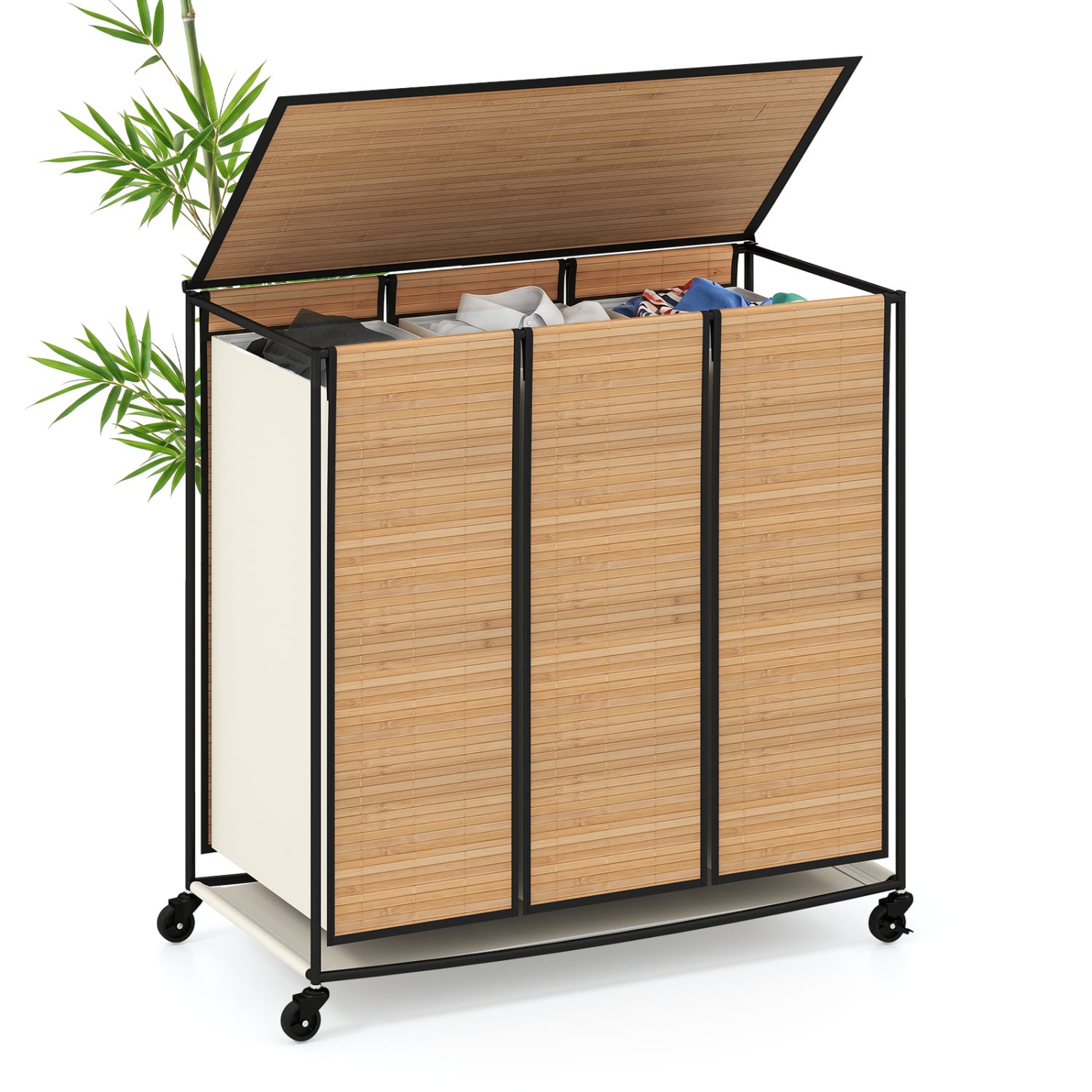 21.4 Gal Laundry Hamper With Lid, 3-Section, Lockable Wheels, Natural Laundry Baskets at Gallery Canada