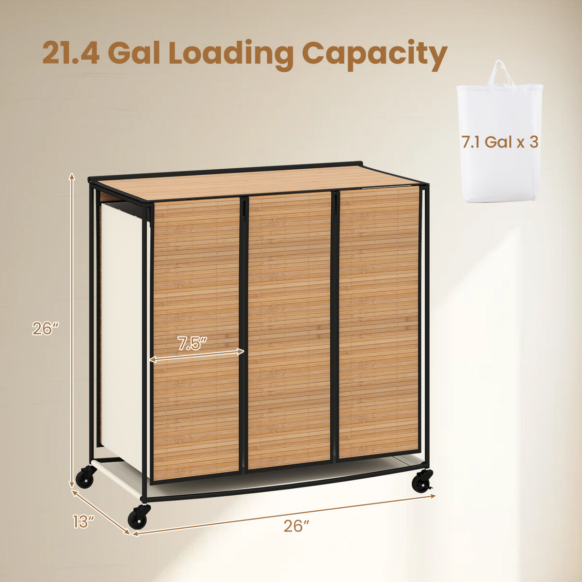 21.4 Gal Laundry Hamper With Lid, 3-Section, Lockable Wheels, Natural Laundry Baskets at Gallery Canada