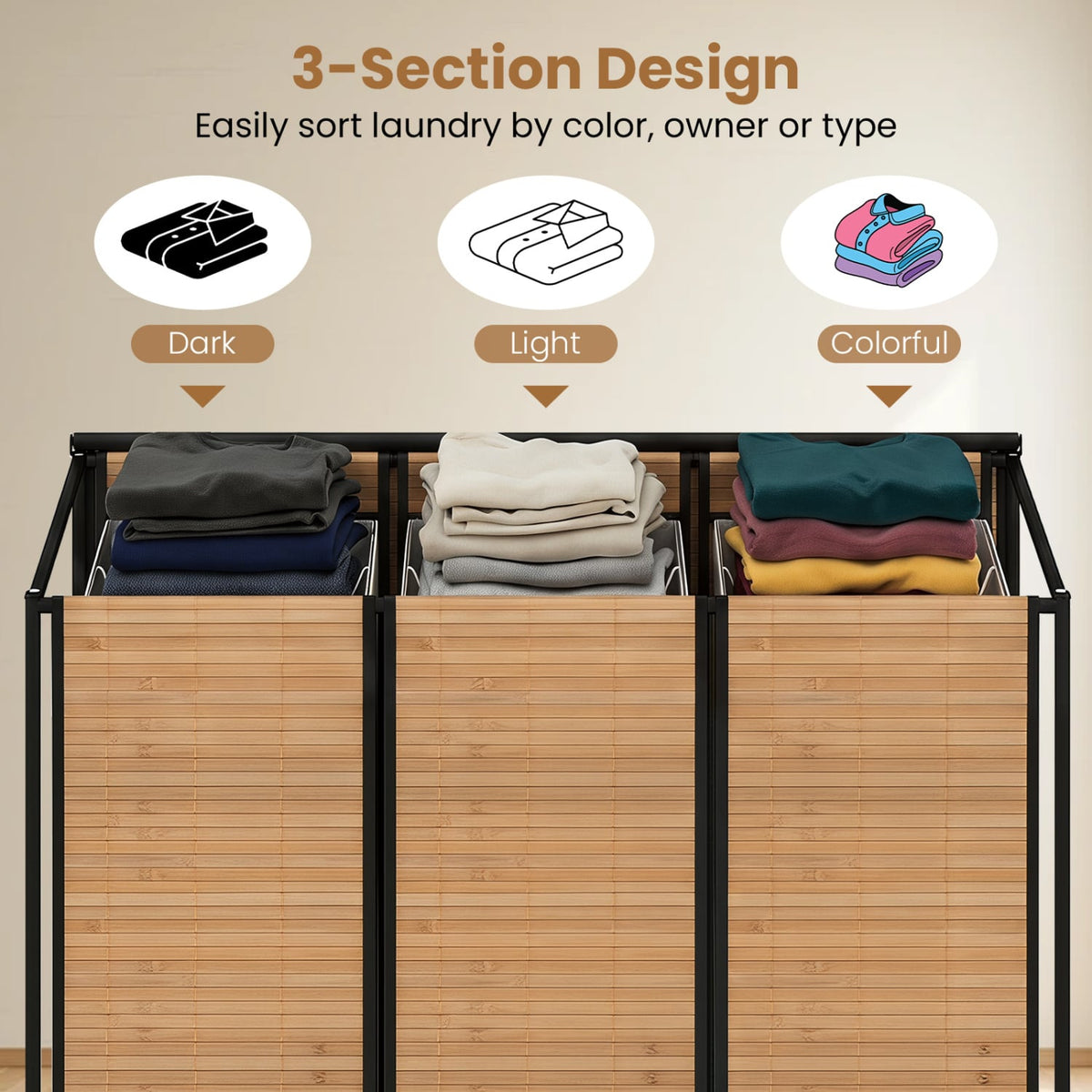 21.4 Gal Laundry Hamper With Lid, 3-Section, Lockable Wheels, Natural Laundry Baskets at Gallery Canada