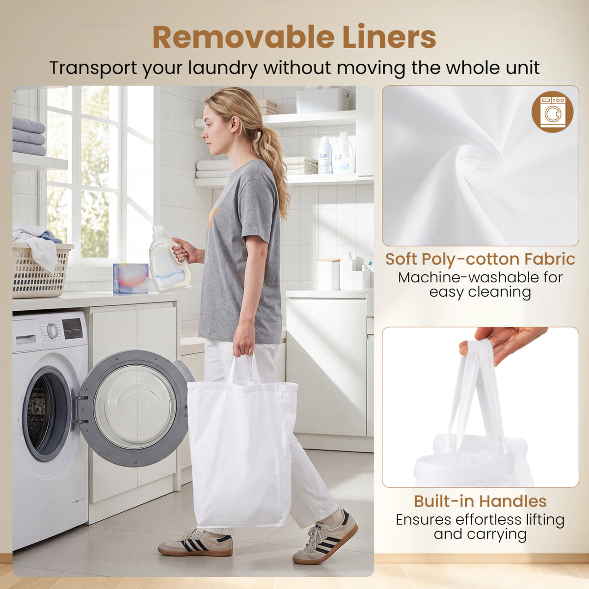 21.4 Gal Laundry Hamper With Lid, 3-Section, Lockable Wheels, Natural Laundry Baskets at Gallery Canada