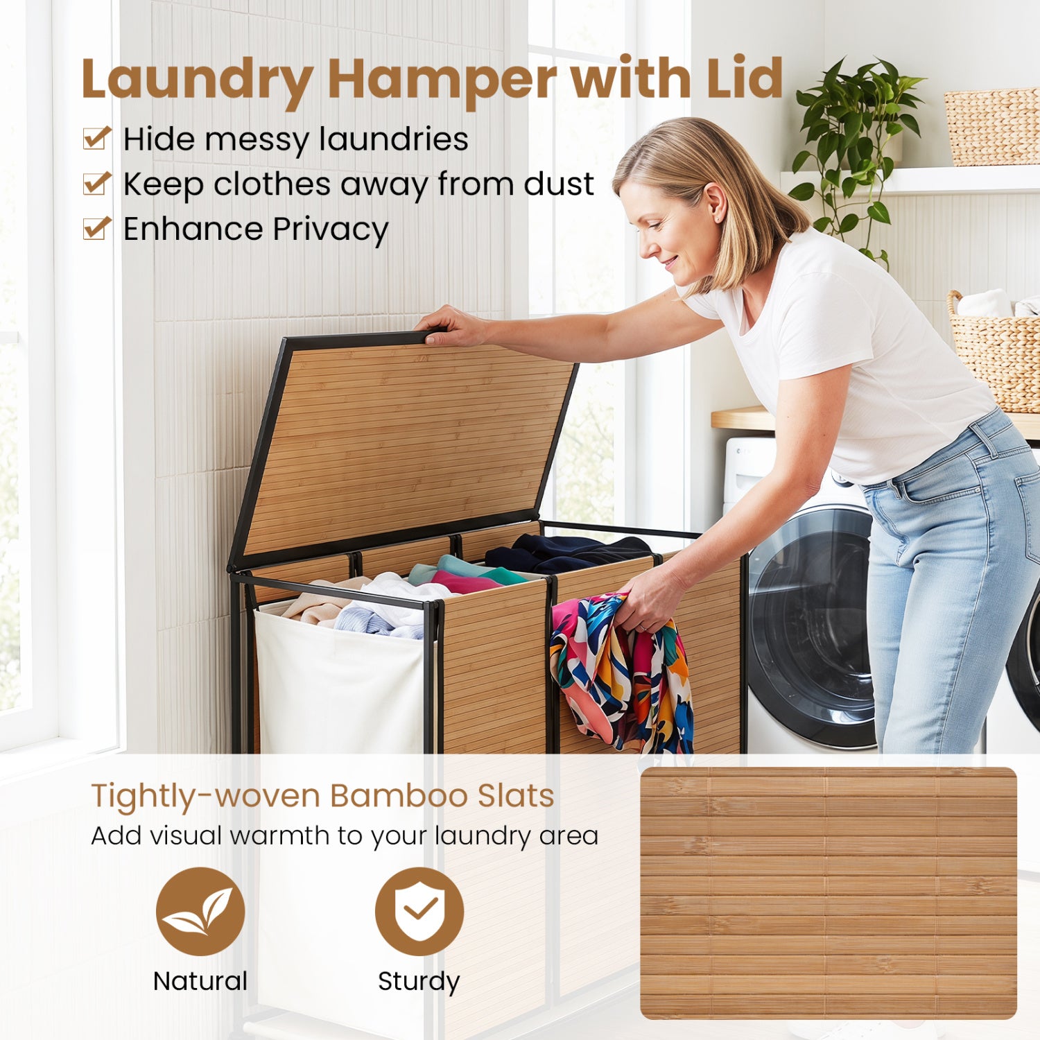 21.4 Gal Laundry Hamper With Lid, 3-Section, Lockable Wheels, Natural Laundry Baskets at Gallery Canada