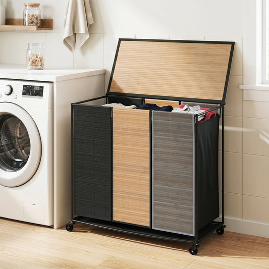 21.4 Gal Laundry Hamper, 3-Section, Lockable Wheels, Black Gray Laundry Baskets Black & Gray at Gallery Canada