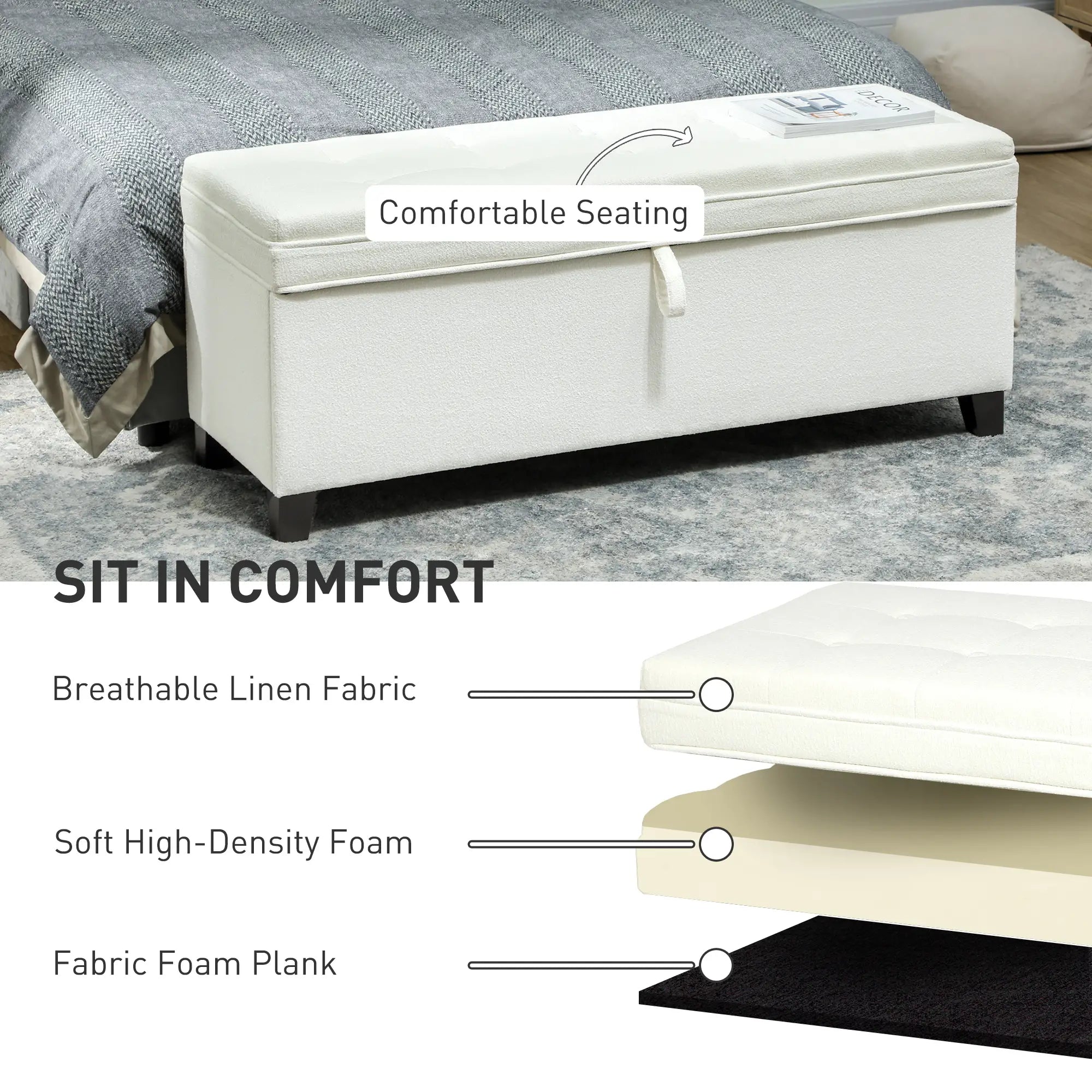 Storage Ottoman Bench, Foot Rest, 47 Inches, Cream White Storage Ottomans & Benches at Gallery Canada