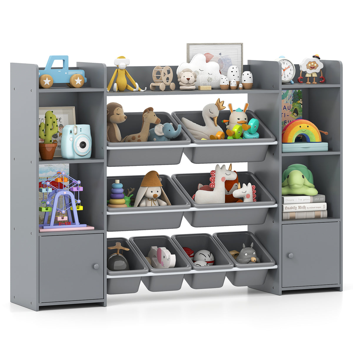 56 Inch Large Toy Storage Organizer, 8 Removable Bins, Bookshelf, Gray Kids Storage at Gallery Canada