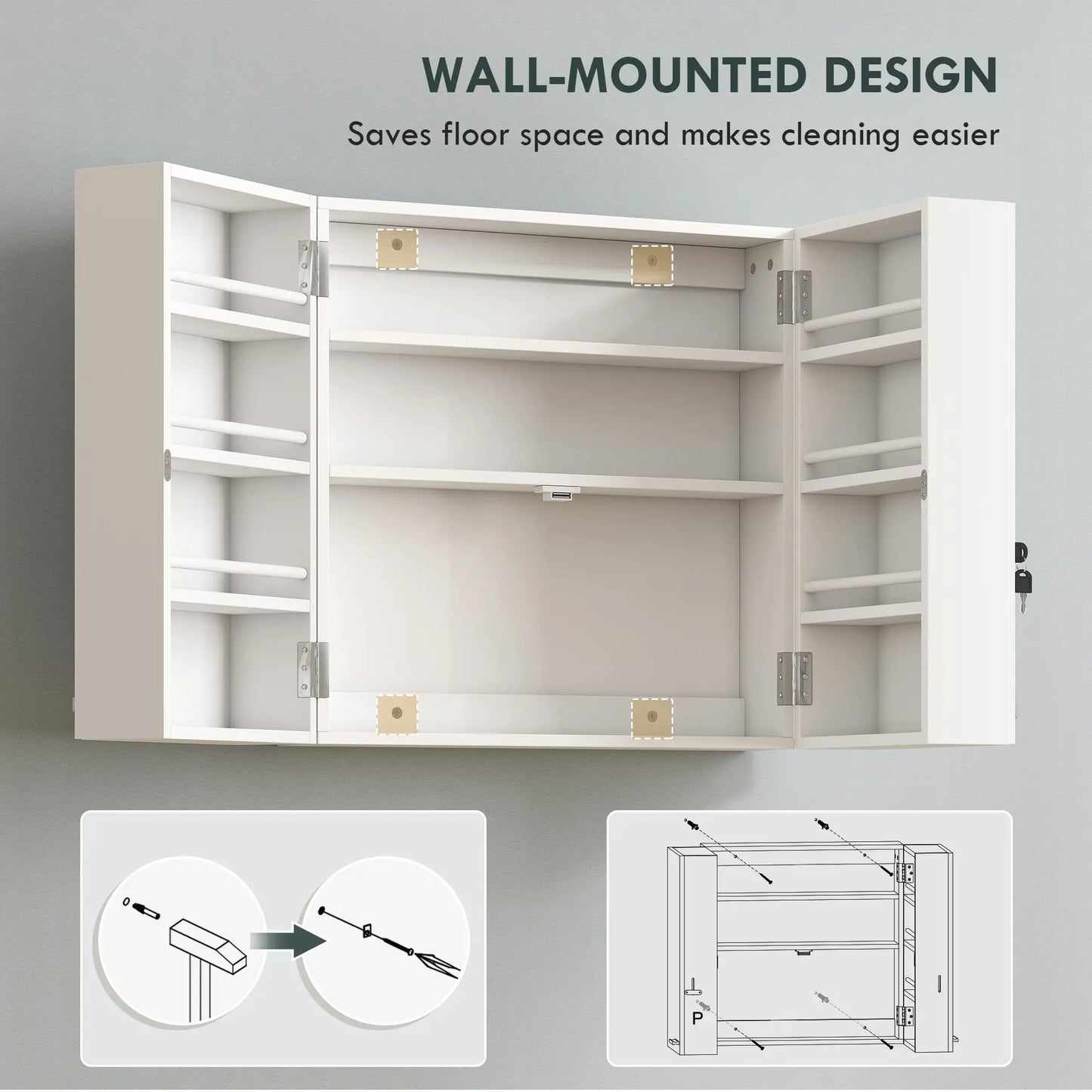 Wall Mount Medicine Cabinet, 4 Tier Shelves, Lockable, White Mirror Medicine Cabinets at Gallery Canada