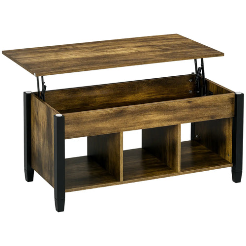 Lift Top Coffee Table, Hidden Storage, 3 Shelves, Rustic Brown