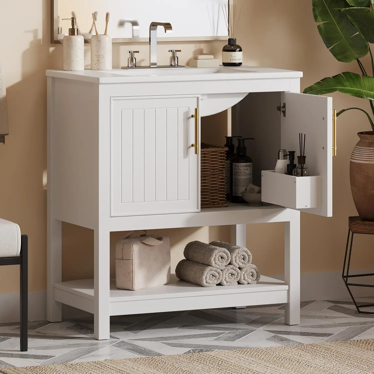 Bathroom Vanity with Ceramic Sink, Gold Handles, Soft Close Doors, 30
