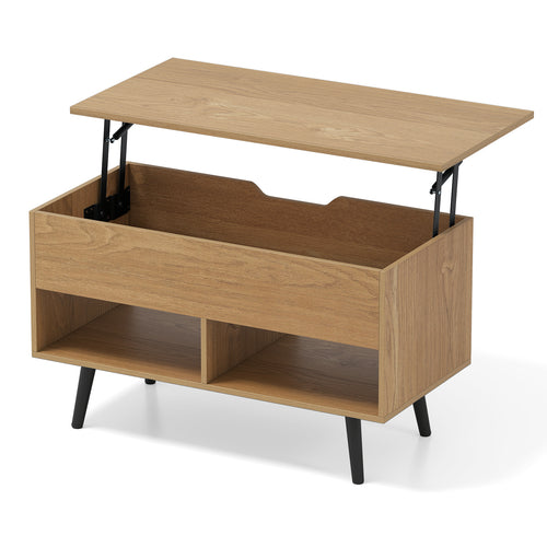 31.5 Inch Lift-Top Coffee Table, Hidden Storage, 2 Open Shelves, Natural