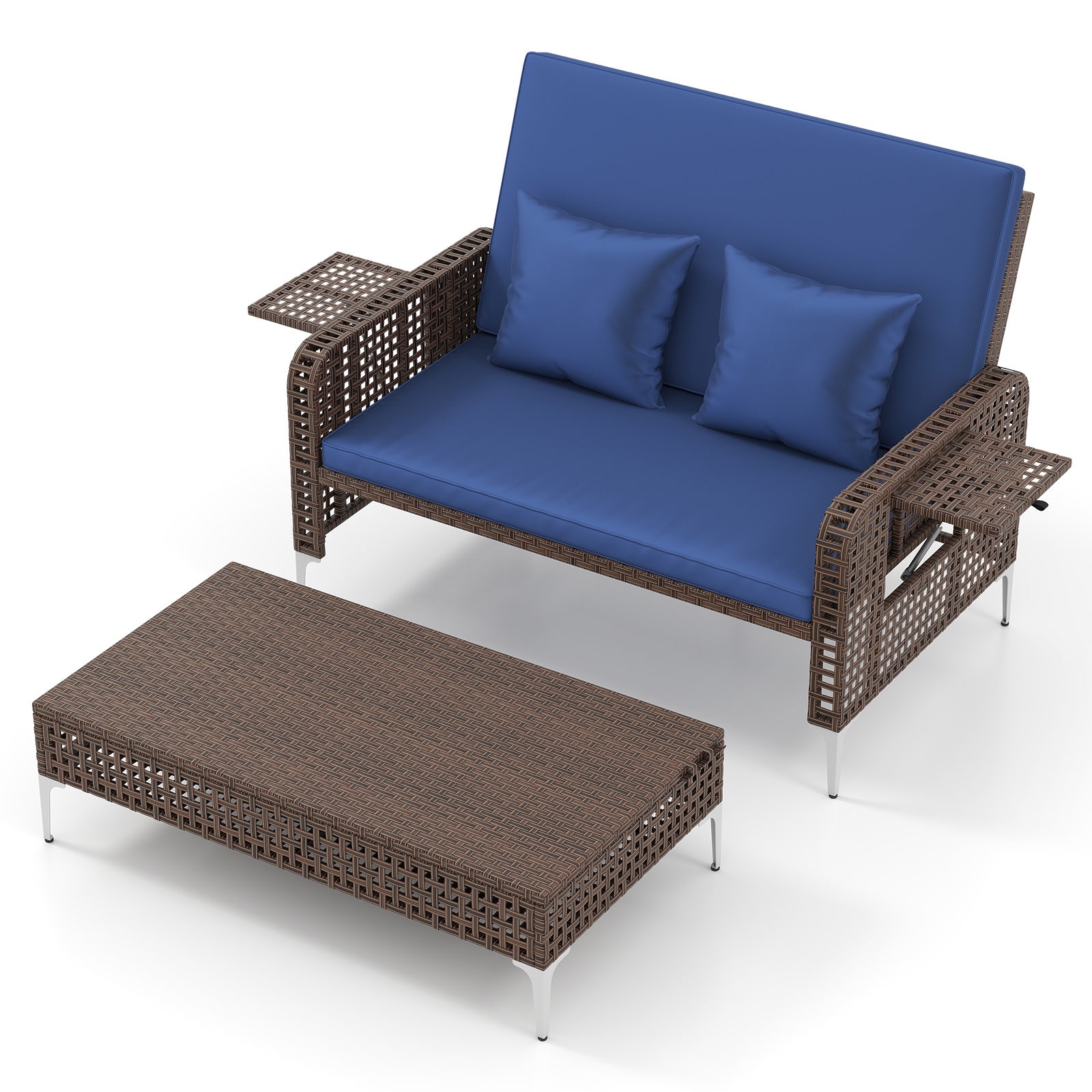 Patio Rattan Daybed Loveseat Ottoman, Adjustable Backrest, Navy Outdoor Sectionals at Gallery Canada