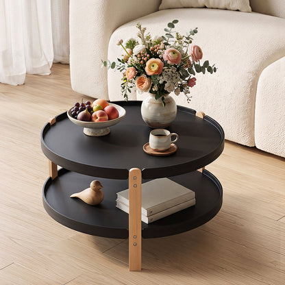 23.5" 2-Tier Round Coffee Table, Solid Wood Legs, Black Coffee Tables at Gallery Canada