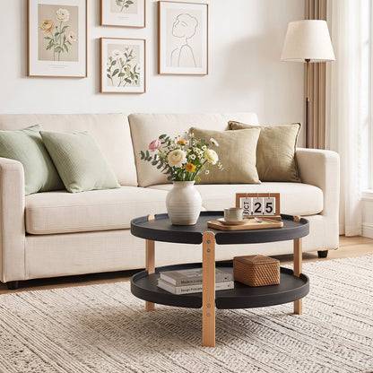 23.5" 2-Tier Round Coffee Table, Solid Wood Legs, Black Coffee Tables at Gallery Canada