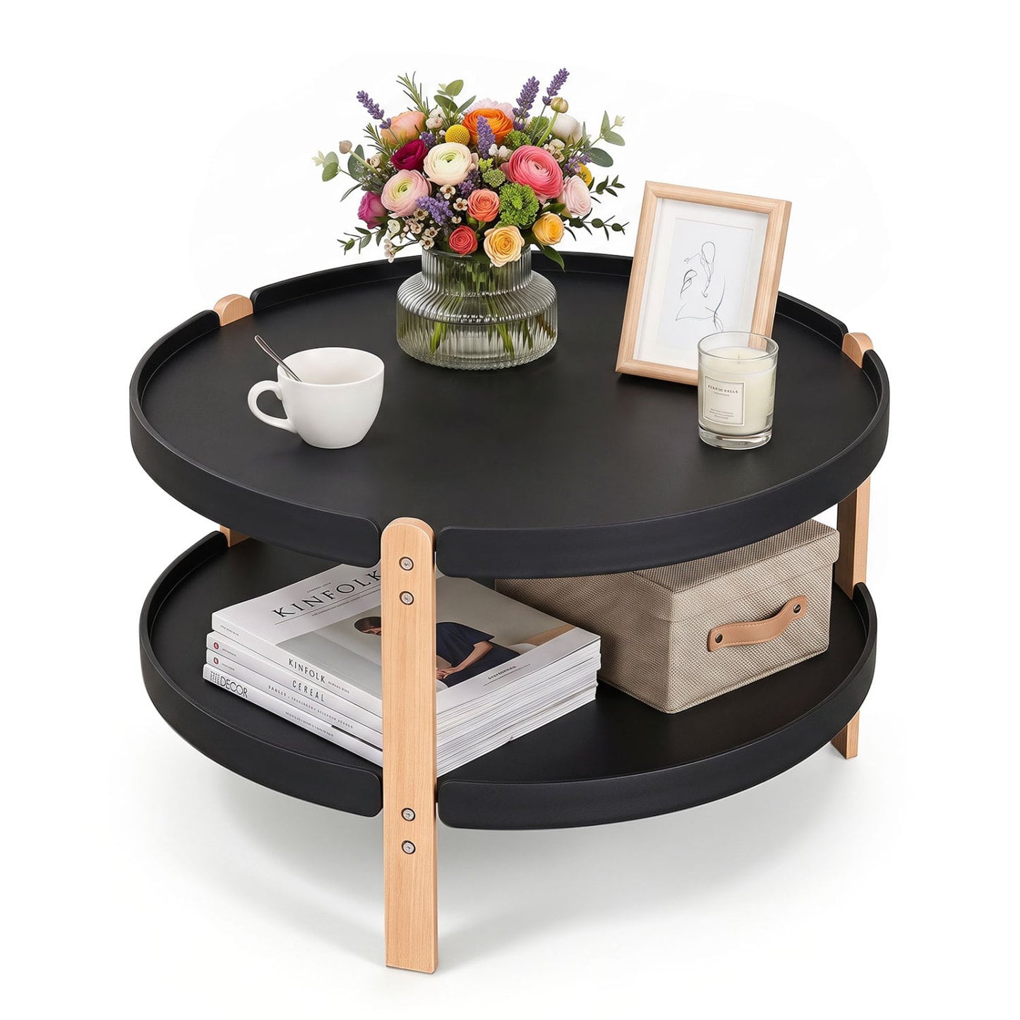 23.5" 2-Tier Round Coffee Table, Solid Wood Legs, Black Coffee Tables Black at Gallery Canada