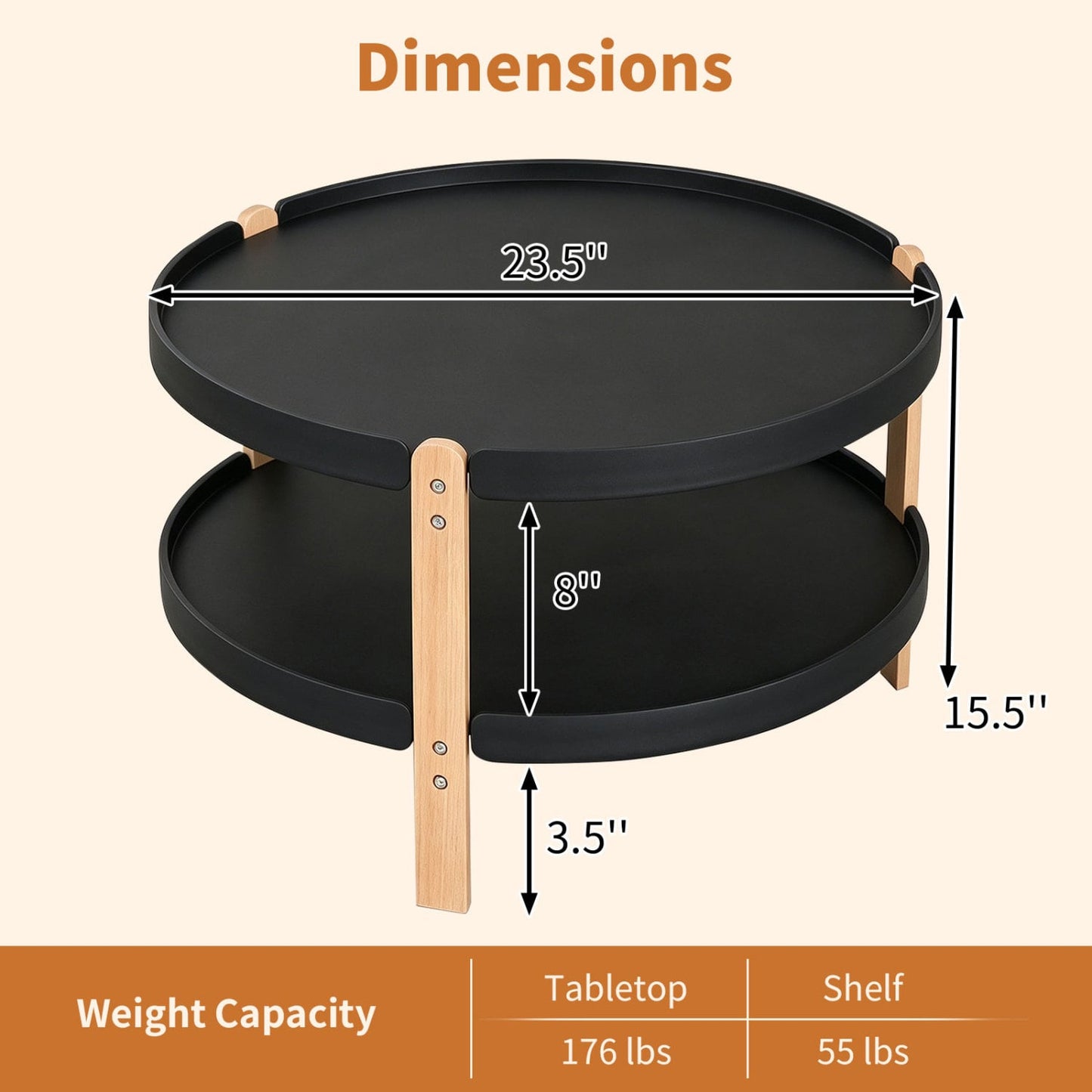 23.5" 2-Tier Round Coffee Table, Solid Wood Legs, Black Coffee Tables at Gallery Canada