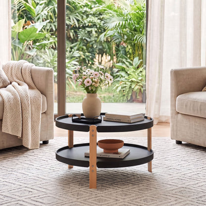 23.5" 2-Tier Round Coffee Table, Solid Wood Legs, Black Coffee Tables at Gallery Canada
