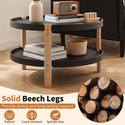 23.5" 2-Tier Round Coffee Table, Solid Wood Legs, Black Coffee Tables at Gallery Canada