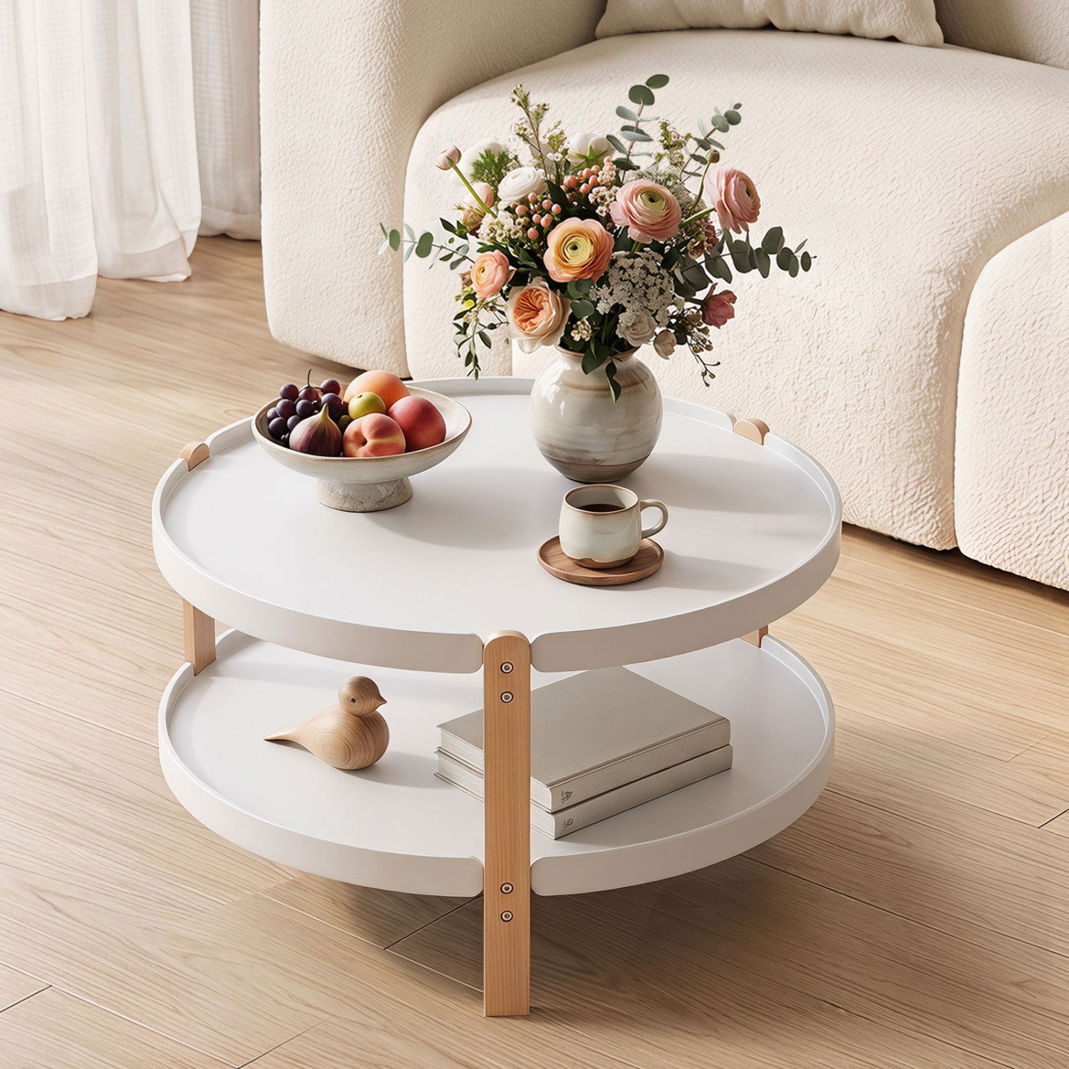 2-Tier Round Coffee Table, Solid Wood Legs, Open Shelf, White Coffee Tables at Gallery Canada