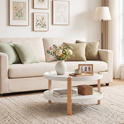 2-Tier Round Coffee Table, Solid Wood Legs, Open Shelf, White Coffee Tables at Gallery Canada