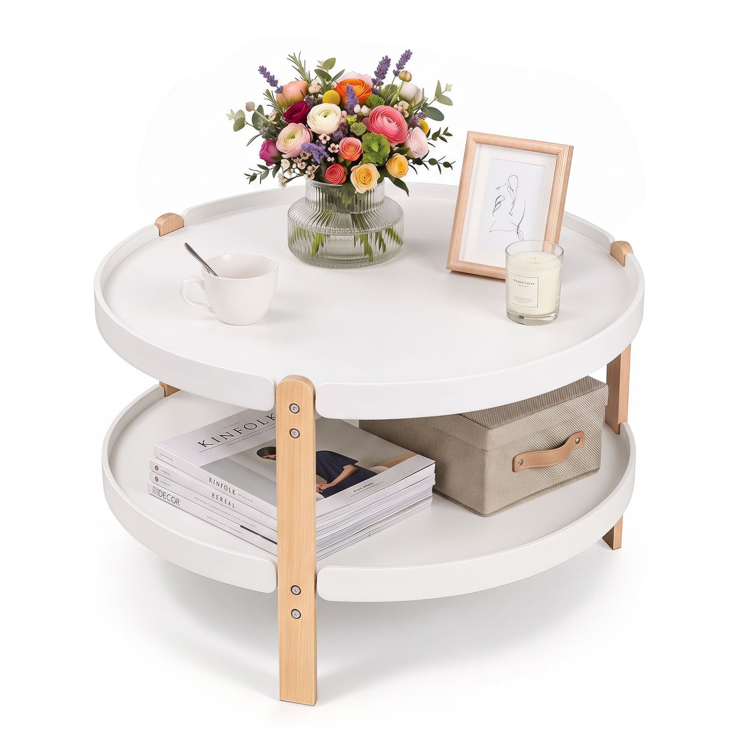 2-Tier Round Coffee Table, Solid Wood Legs, Open Shelf, White Coffee Tables White at Gallery Canada