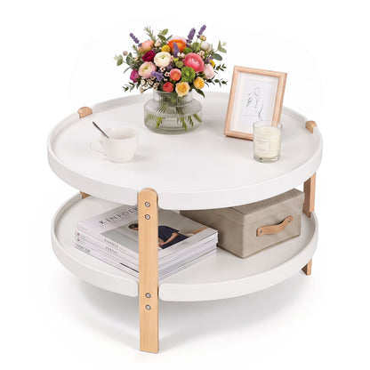 2-Tier Round Coffee Table, Solid Wood Legs, Open Shelf, White Coffee Tables White at Gallery Canada