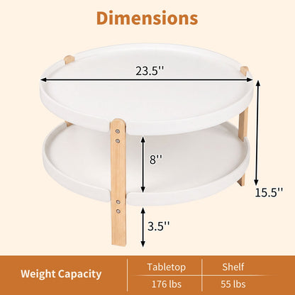 2-Tier Round Coffee Table, Solid Wood Legs, Open Shelf, White Coffee Tables at Gallery Canada