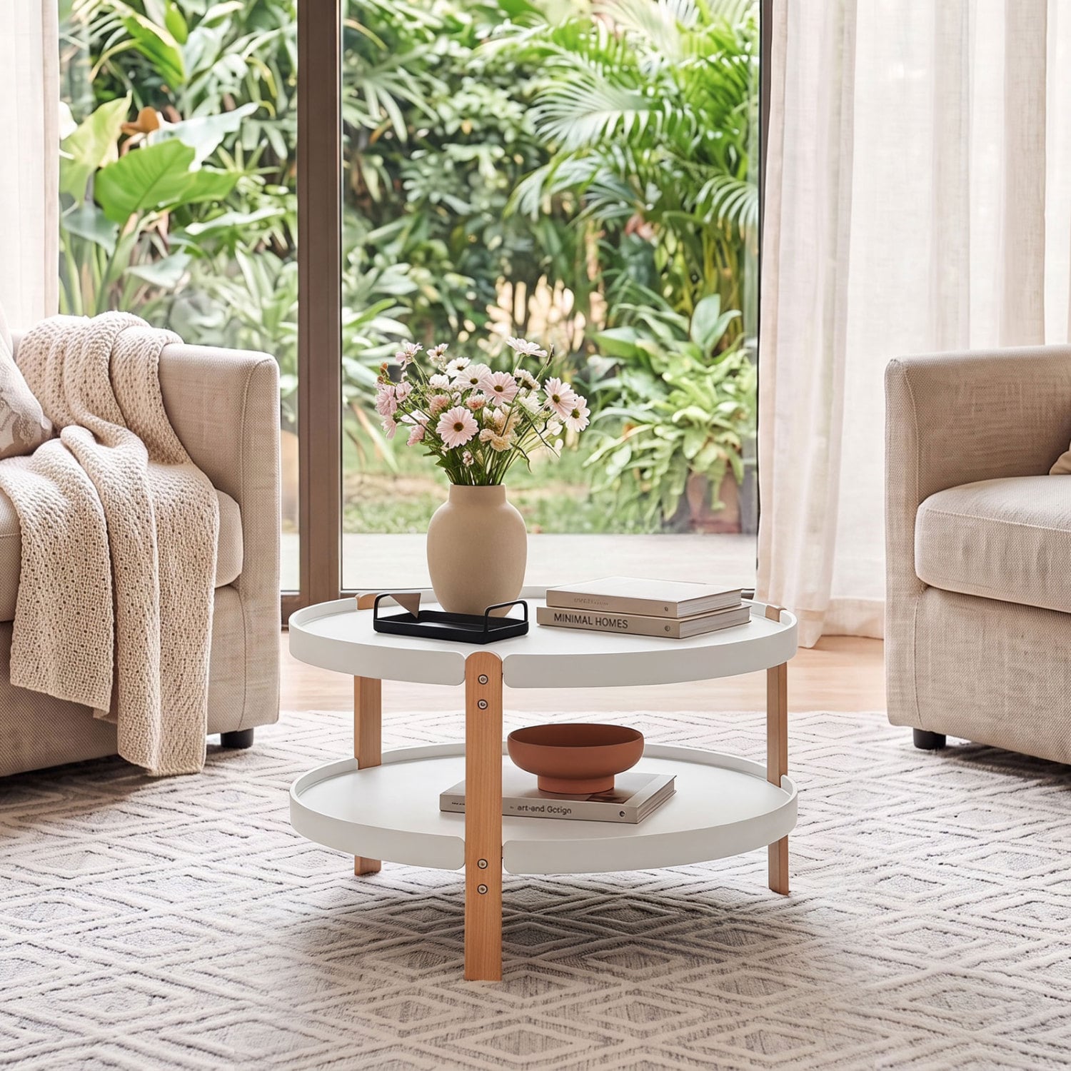 2-Tier Round Coffee Table, Solid Wood Legs, Open Shelf, White Coffee Tables at Gallery Canada