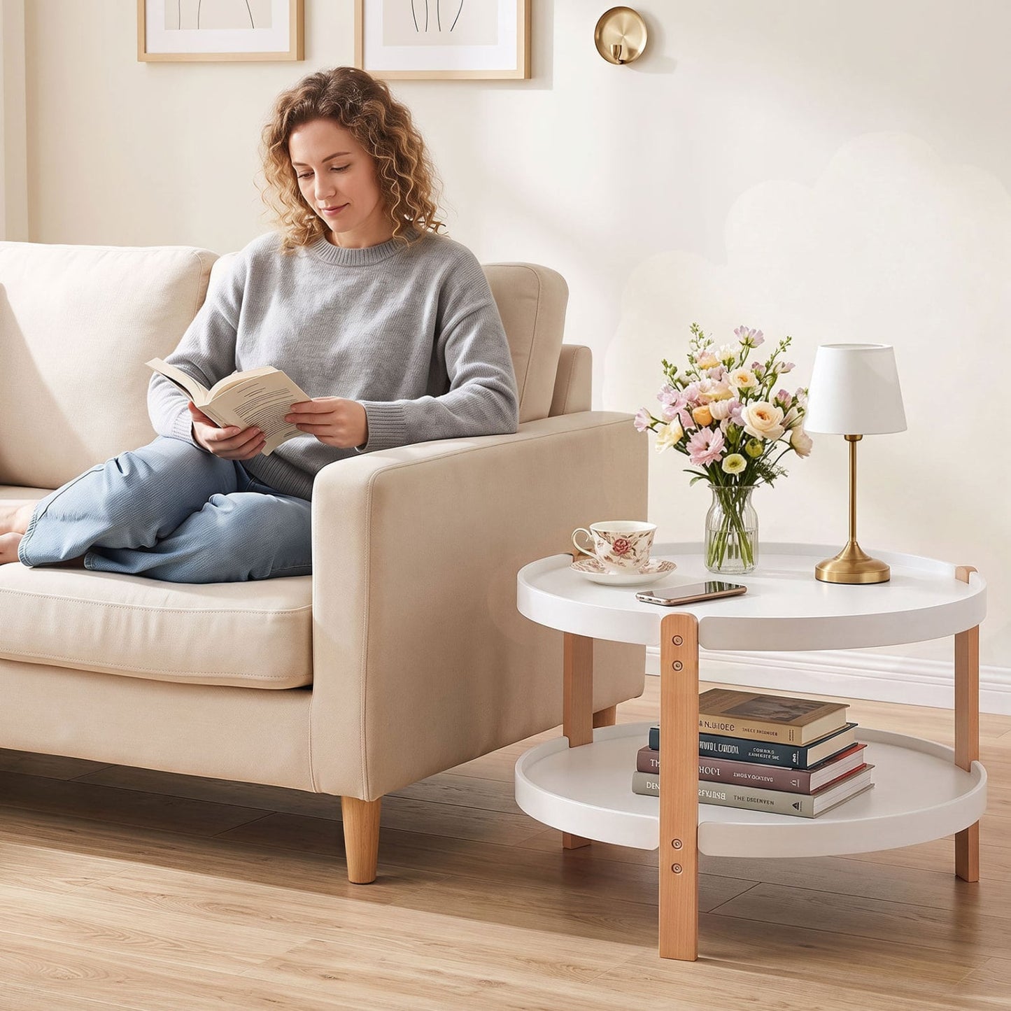 2-Tier Round Coffee Table, Solid Wood Legs, Open Shelf, White Coffee Tables at Gallery Canada