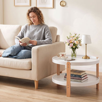 2-Tier Round Coffee Table, Solid Wood Legs, Open Shelf, White Coffee Tables at Gallery Canada