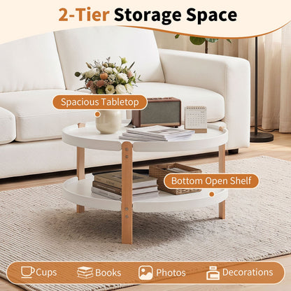 2-Tier Round Coffee Table, Solid Wood Legs, Open Shelf, White Coffee Tables at Gallery Canada
