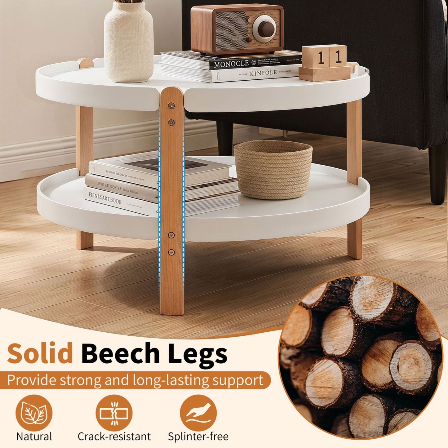 2-Tier Round Coffee Table, Solid Wood Legs, Open Shelf, White Coffee Tables at Gallery Canada