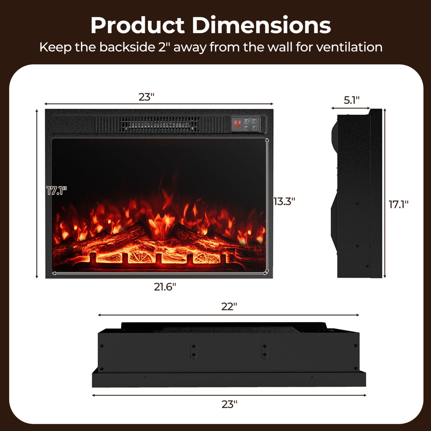 23 Inch Electric Fireplace Insert, Adjustable Flame, Black Fireplaces at Gallery Canada