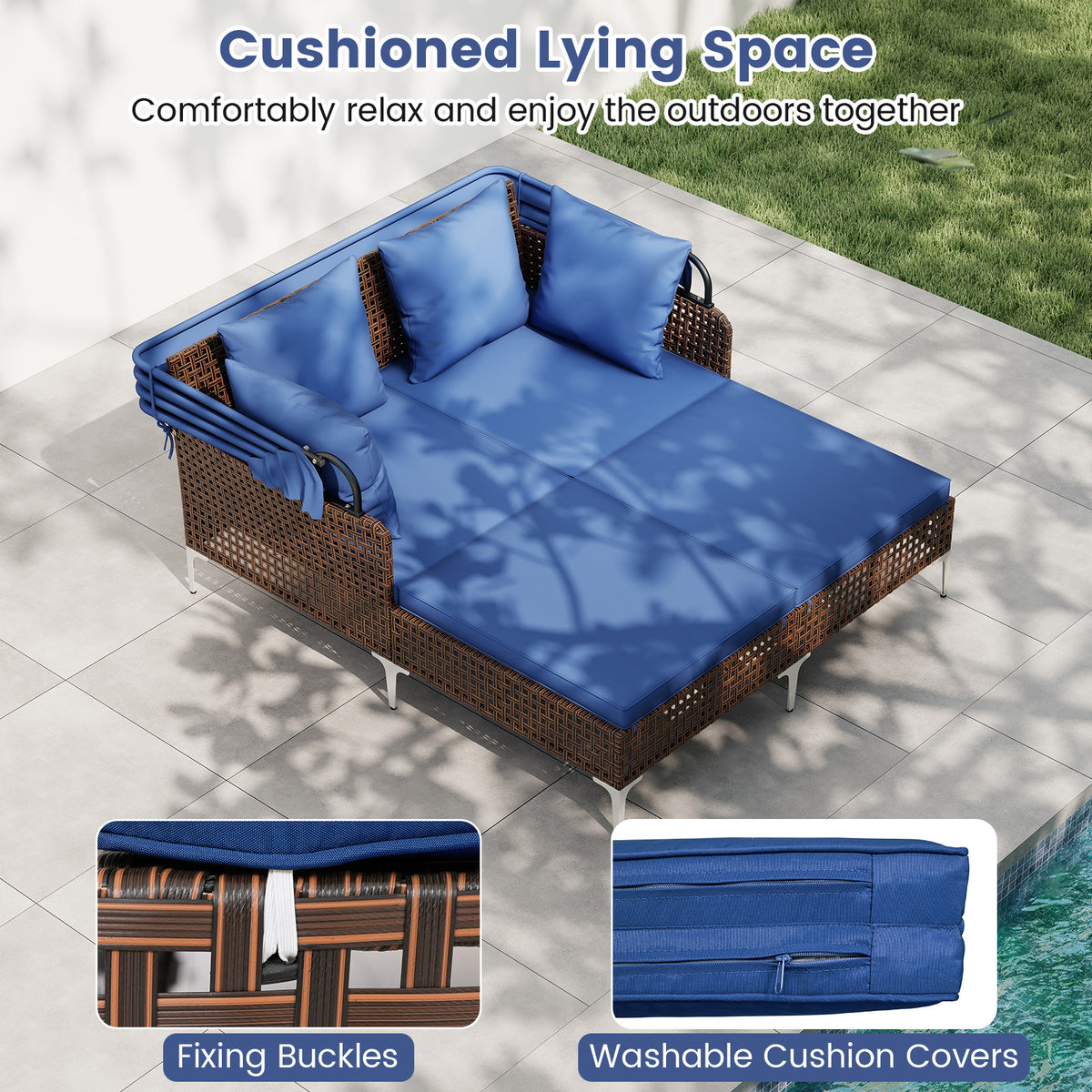 Outdoor Daybed With Retractable Canopy, PE Wicker Rattan, Navy Outdoor Chaise Lounges at Gallery Canada