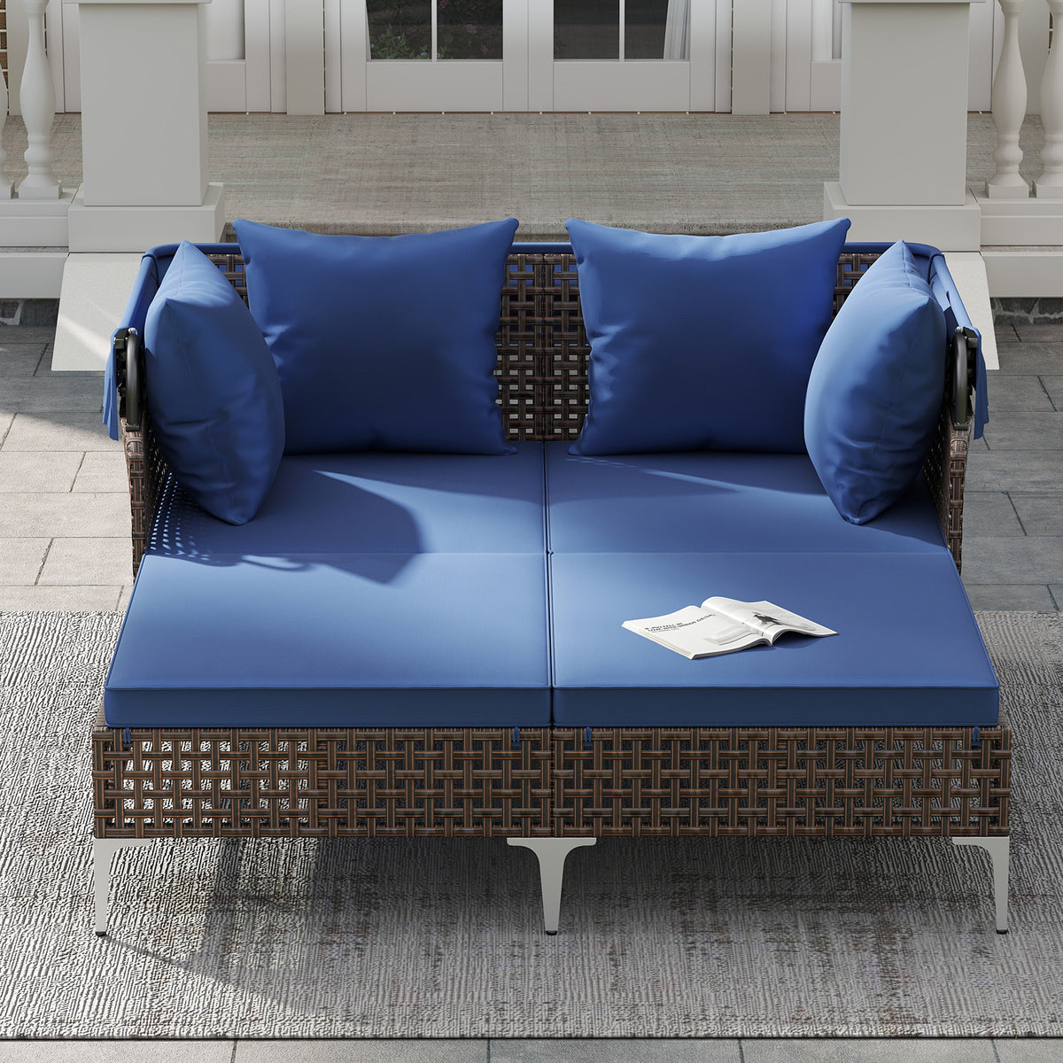 Outdoor Daybed With Retractable Canopy, PE Wicker Rattan, Navy Outdoor Chaise Lounges at Gallery Canada