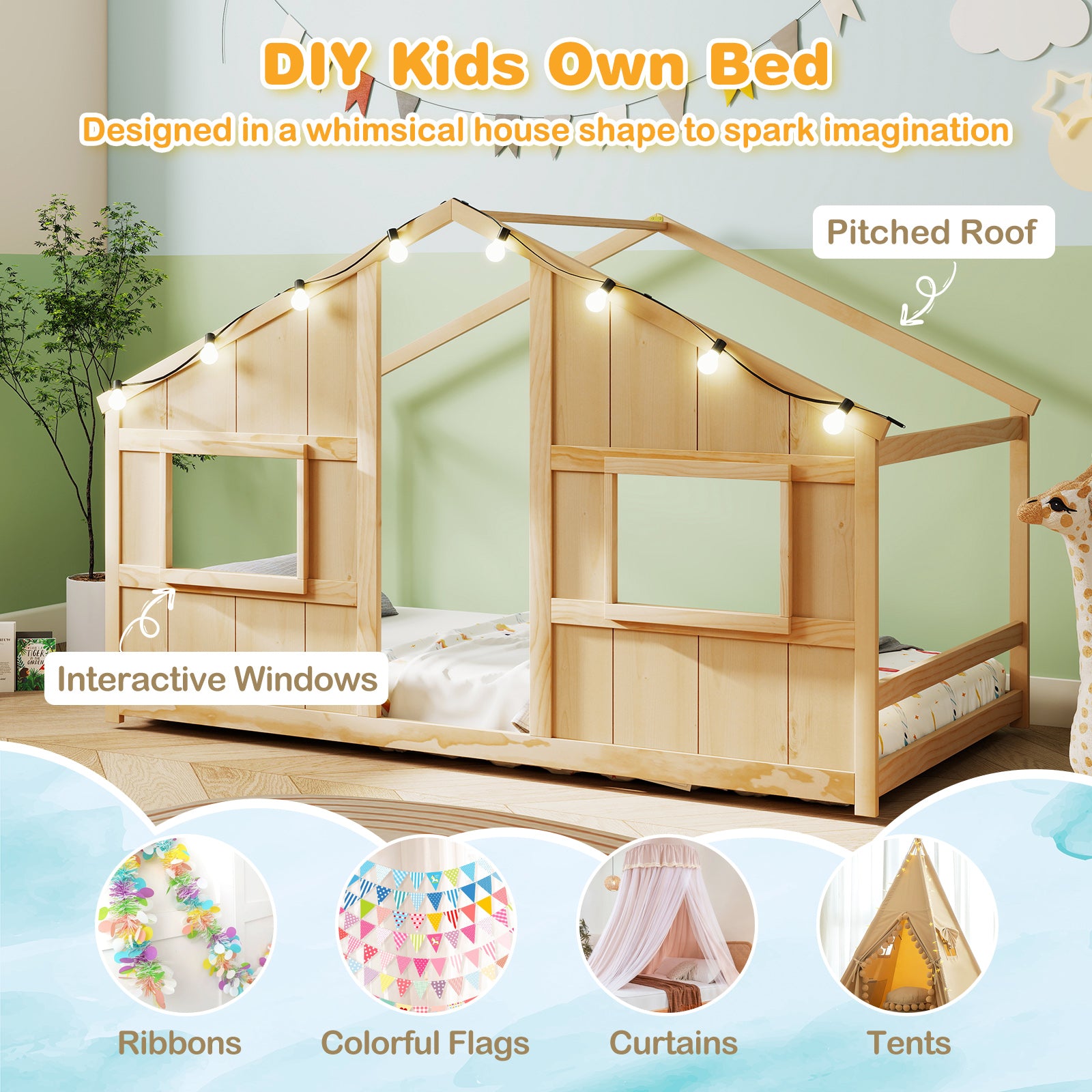 Twin Size House Bed With LED Lights, Montessori Slat-Free Floor Bed, Natural Toddler Beds at Gallery Canada