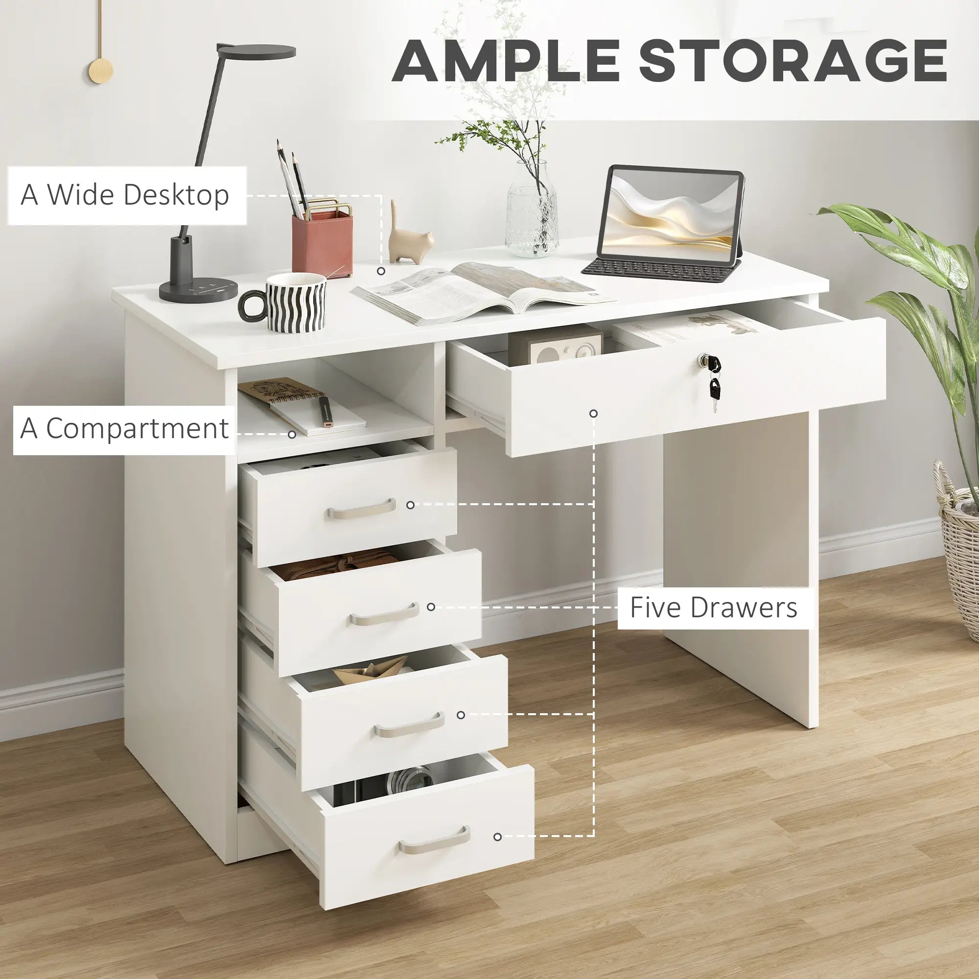 Home Office Desk with Storage, Lockable Drawer, White Computer Desks at Gallery Canada