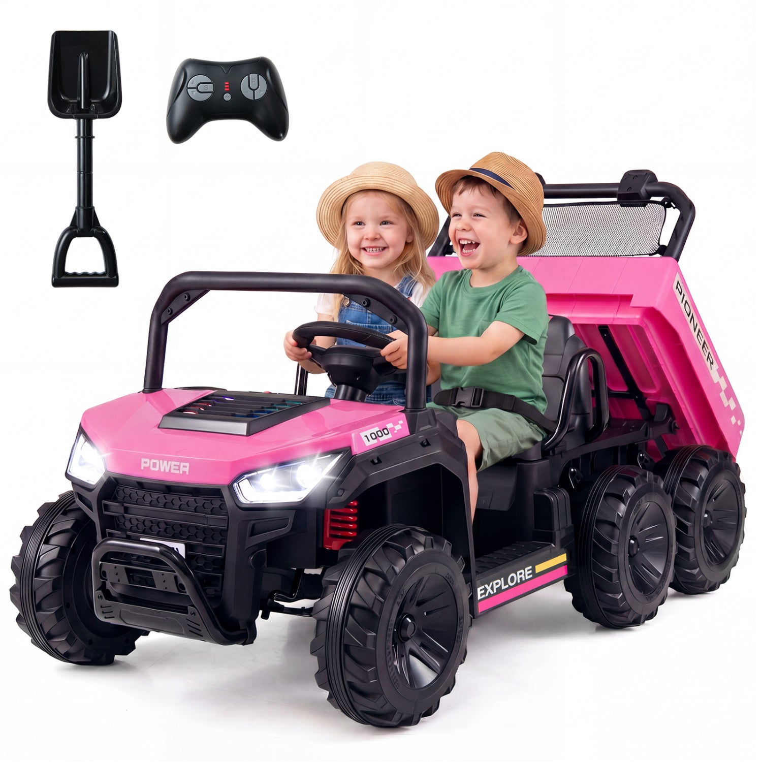 24V 2-Seater Kids Ride On Dump Truck, 4WD, Electric Dump Bed, Lights, Pink Powered Ride On Toys at Gallery Canada