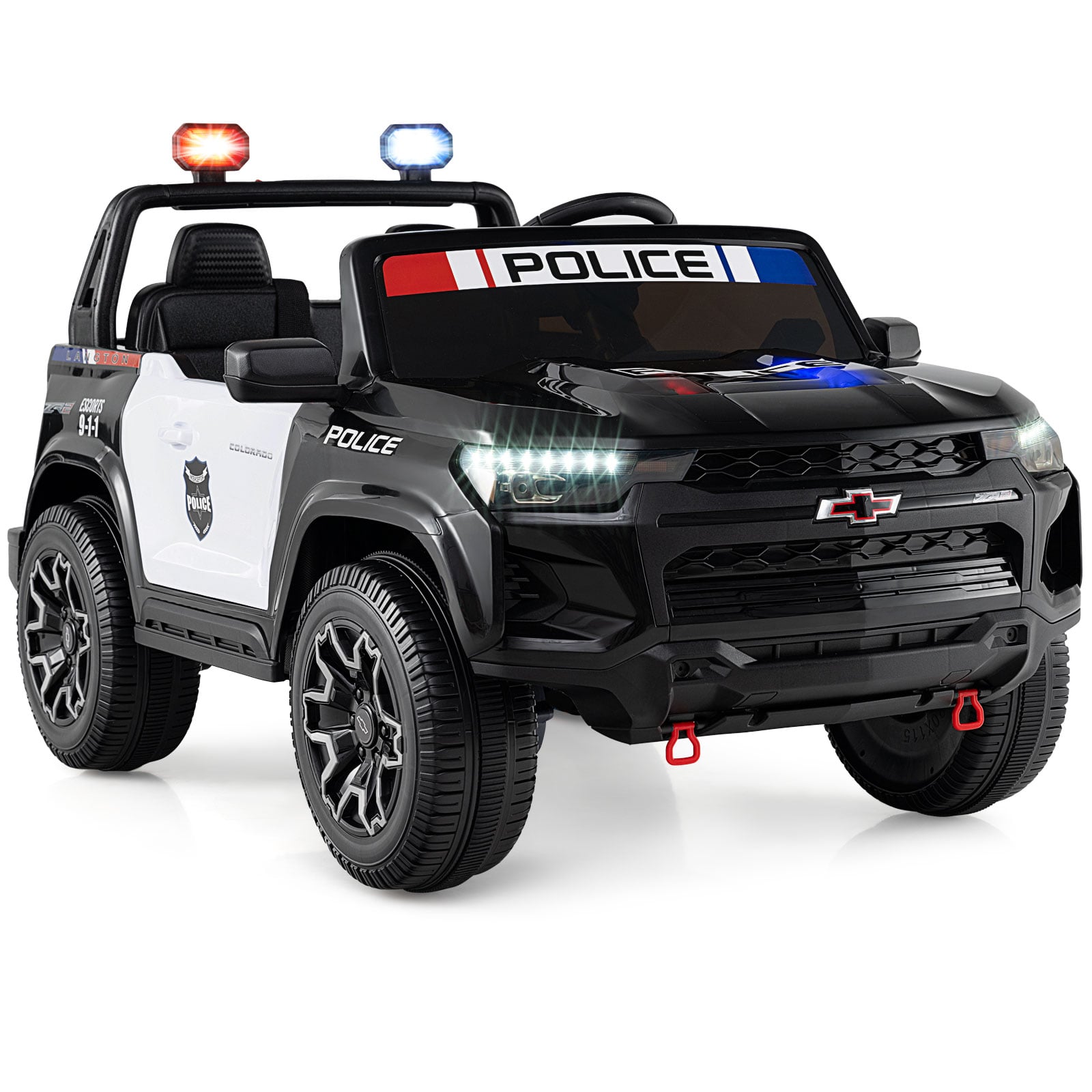 24V 2-Seater Ride on Police Car 4WD Chevrolet with Megaphone and LED Flashing Lights, Black & White Powered Ride On Toys Black & White at Gallery Canada