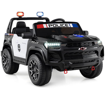 24V 2-Seater Ride on Police Car 4WD Chevrolet with Megaphone and LED Flashing Lights, Black & White Powered Ride On Toys Black & White at Gallery Canada