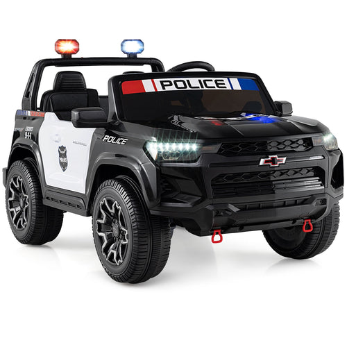 24V 2-Seater Ride on Police Car 4WD Chevrolet with Megaphone and LED Flashing Lights, Black & White