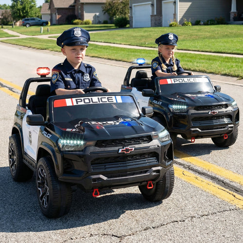 24V 2-Seater Ride on Police Car 4WD Chevrolet with Megaphone and LED Flashing Lights, Black & White