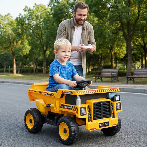 24V Construction Electric Vehicle with Dump Bed and Remote Control for Aged 3-8, Yellow