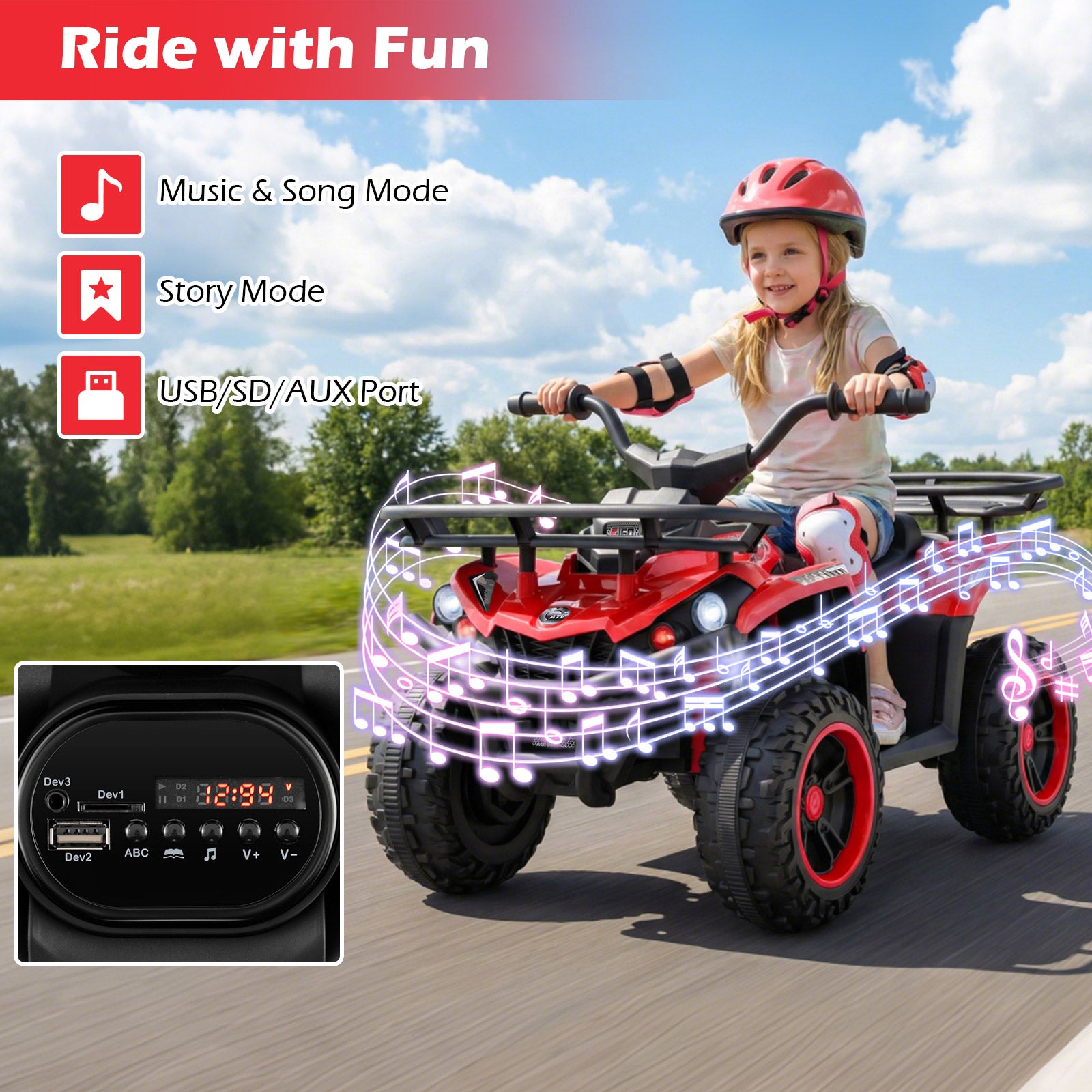 24V Electric Ride On Quad with LED Headlights, Red Powered Ride On Toys at Gallery Canada