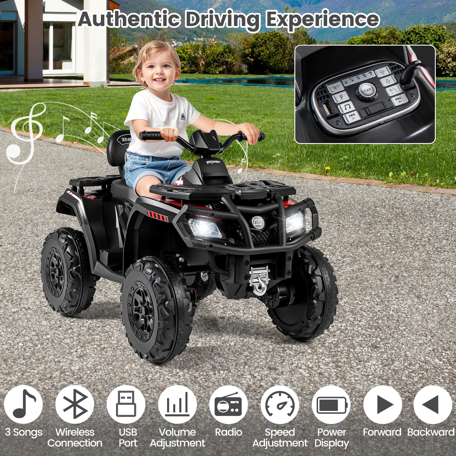 24V Kids ATV 2-Seater, 4 Motors, LED Lights, Music, Black Powered Ride On Toys at Gallery Canada