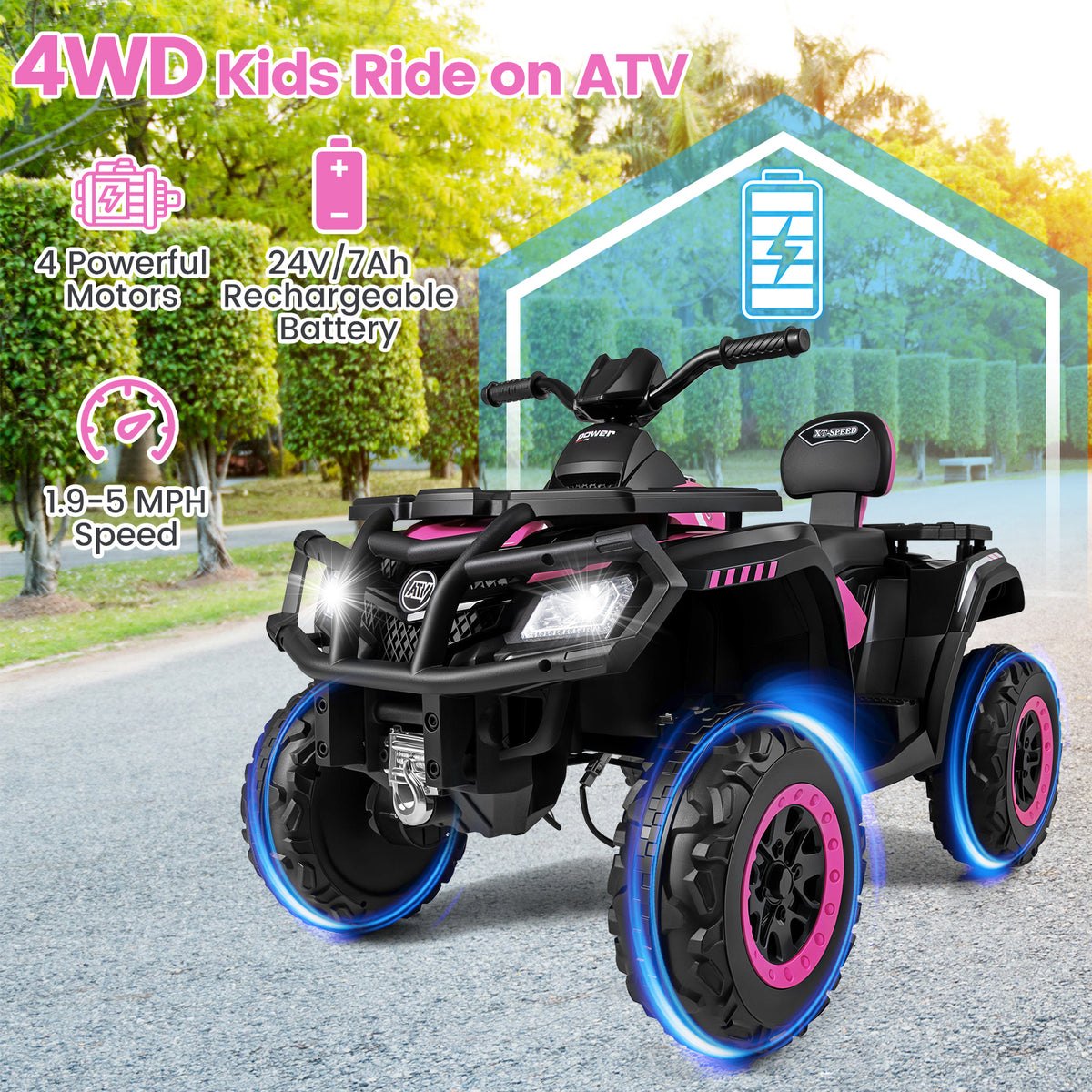 24V Kids ATV 2-Seater, With LED Lights And Music, Pink Powered Ride On Toys at Gallery Canada