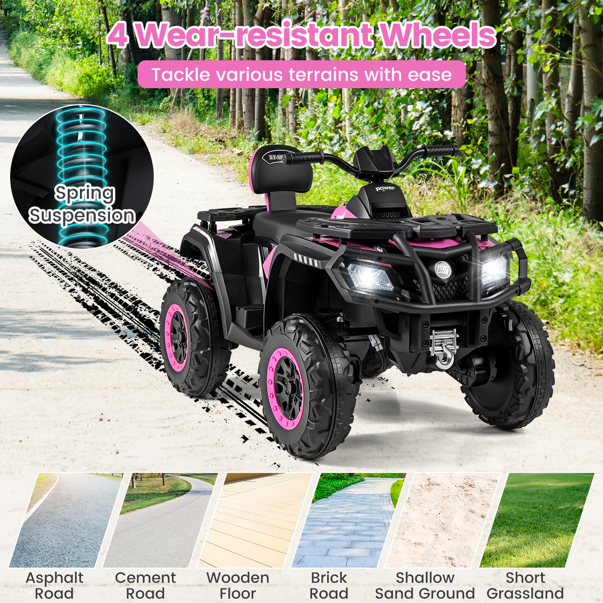 24V Kids ATV 2-Seater, With LED Lights And Music, Pink Powered Ride On Toys at Gallery Canada