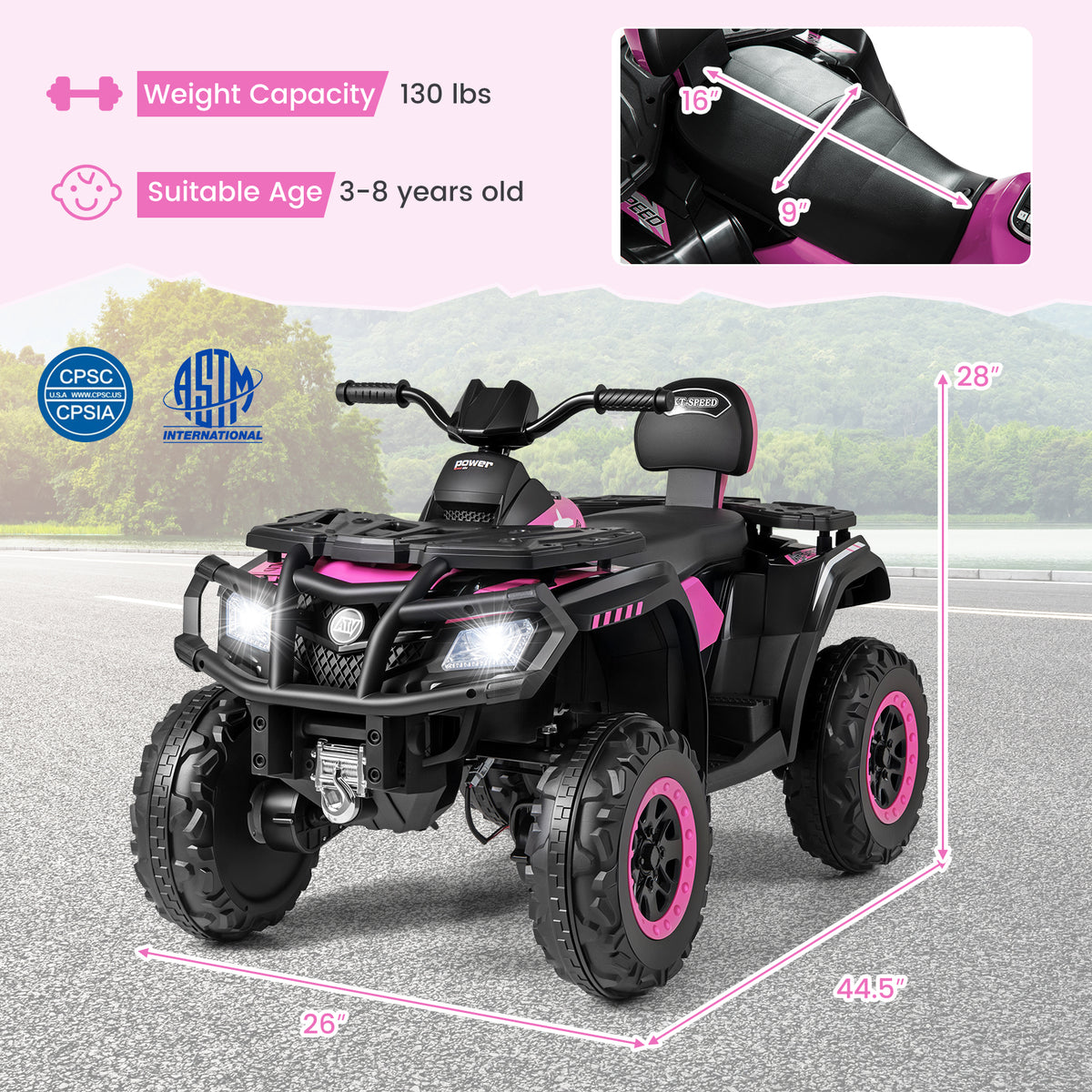 24V Kids ATV 2-Seater, With LED Lights And Music, Pink Powered Ride On Toys at Gallery Canada