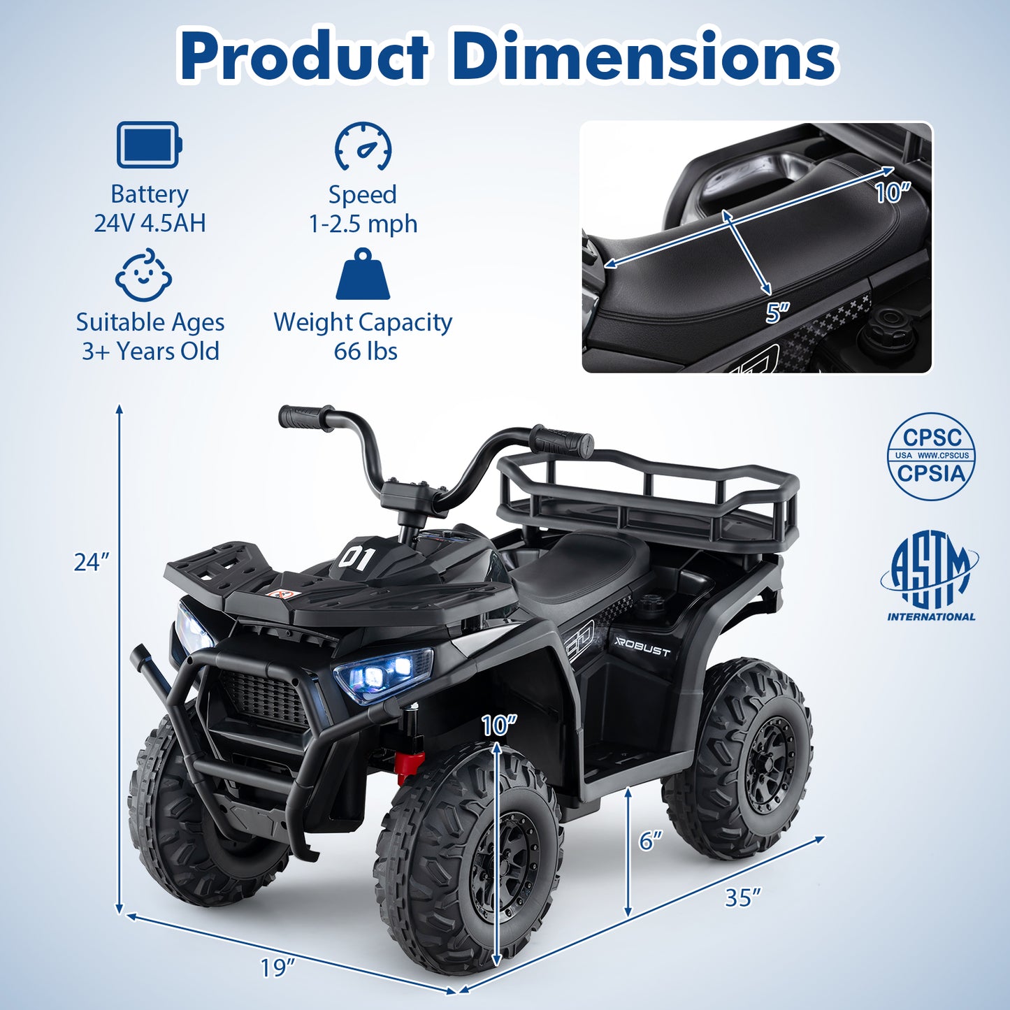24V Kids Electric ATV Quad Car, Realistic Sounds, LED Lights, Black Powered Ride On Toys at Gallery Canada
