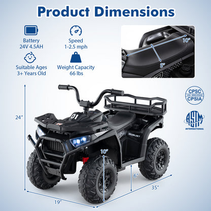 24V Kids Electric ATV Quad Car, Realistic Sounds, LED Lights, Black Powered Ride On Toys at Gallery Canada